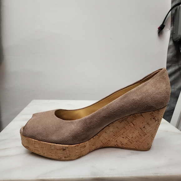 STUART WEITZMAN Tan Suede Peep-Toe Cork Wedge Heels, size 9½M - Picture 2 of 7